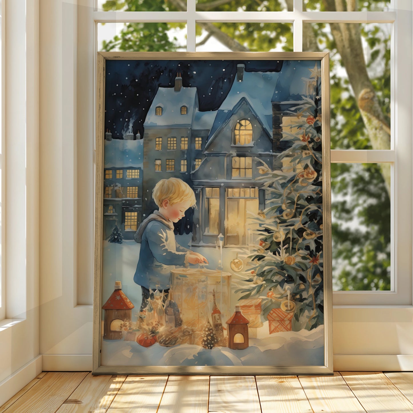 Christmas Poster, Child with Lantern Snowy Village, Watercolour Xmas Wall Art Print
