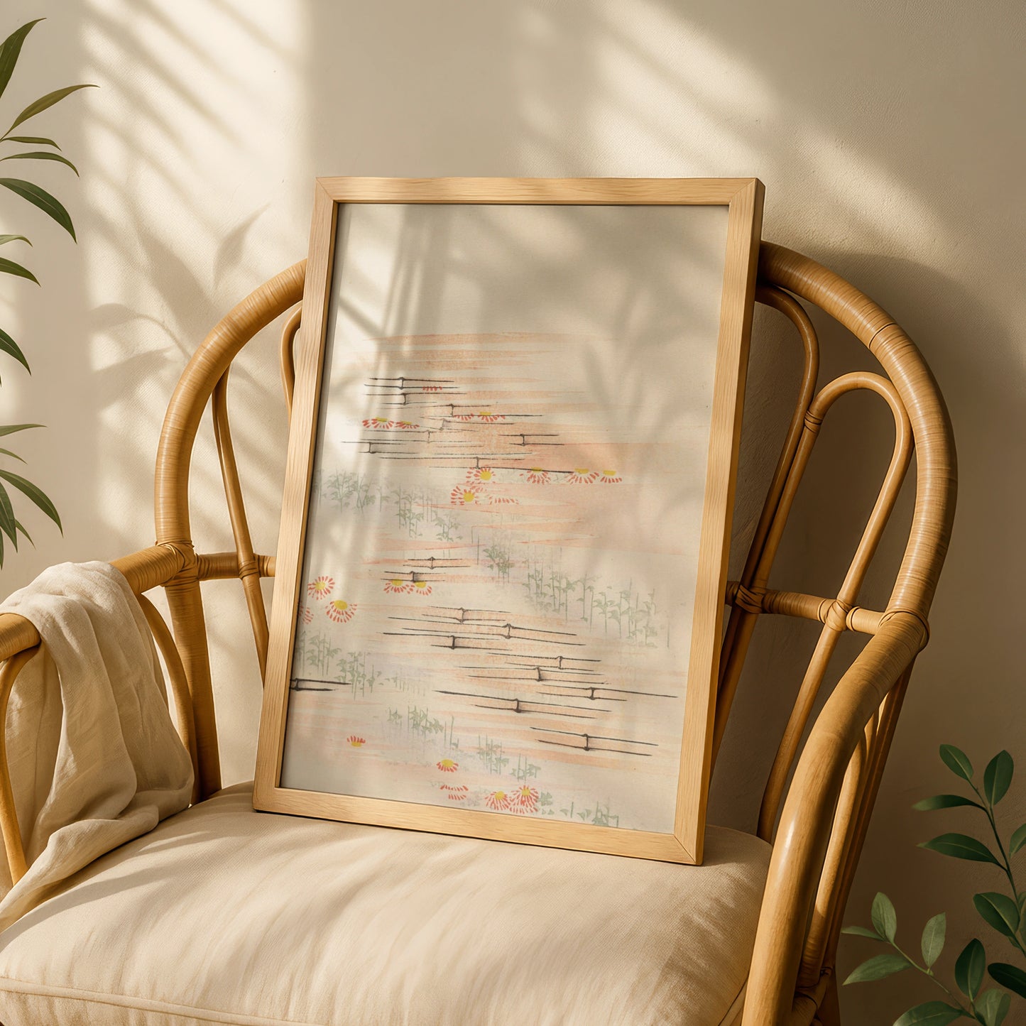 Japanese Botanical Print, Vintage Chrysanthemum Bamboo Wall Art, Japandi Floral Poster – A5 White frame