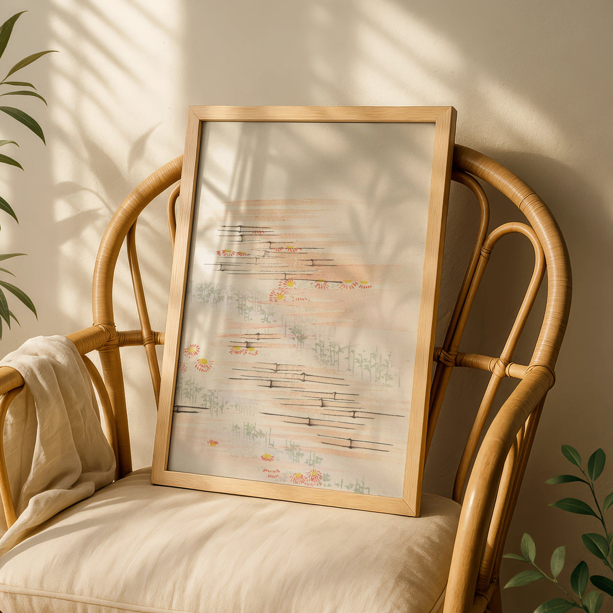 Japanese Botanical Print, Vintage Chrysanthemum Bamboo Wall Art, Japandi Floral Poster – A5 White frame