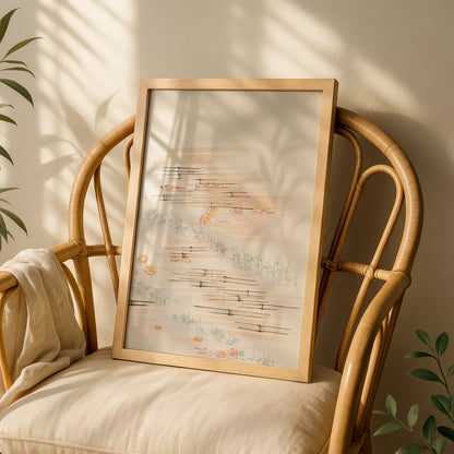 Japanese Botanical Print, Vintage Chrysanthemum Bamboo Wall Art, Japandi Floral Poster – A5 White frame