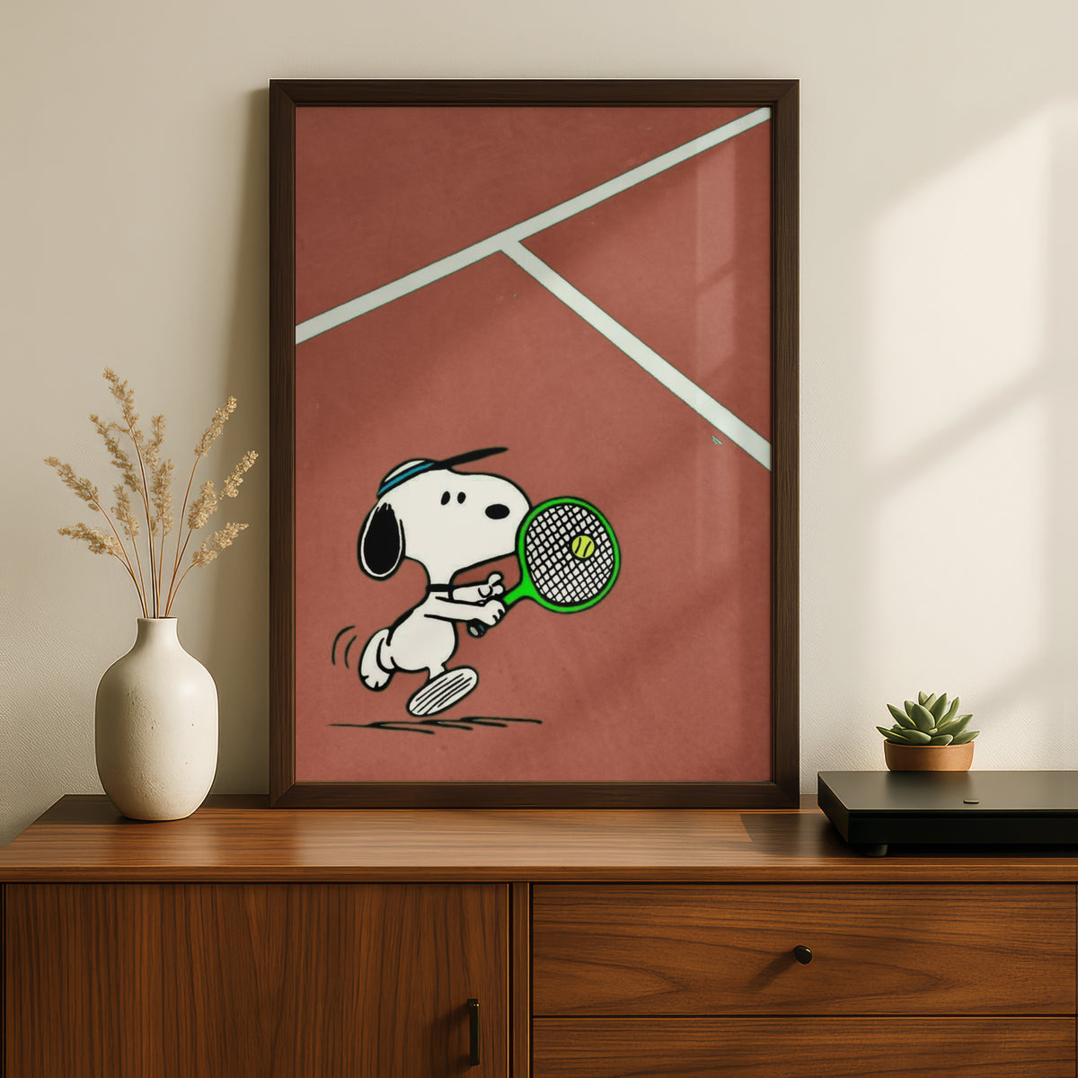 Tennis Poster, Cartoon Dog Wall Art, Terracotta Clay Court Art Print