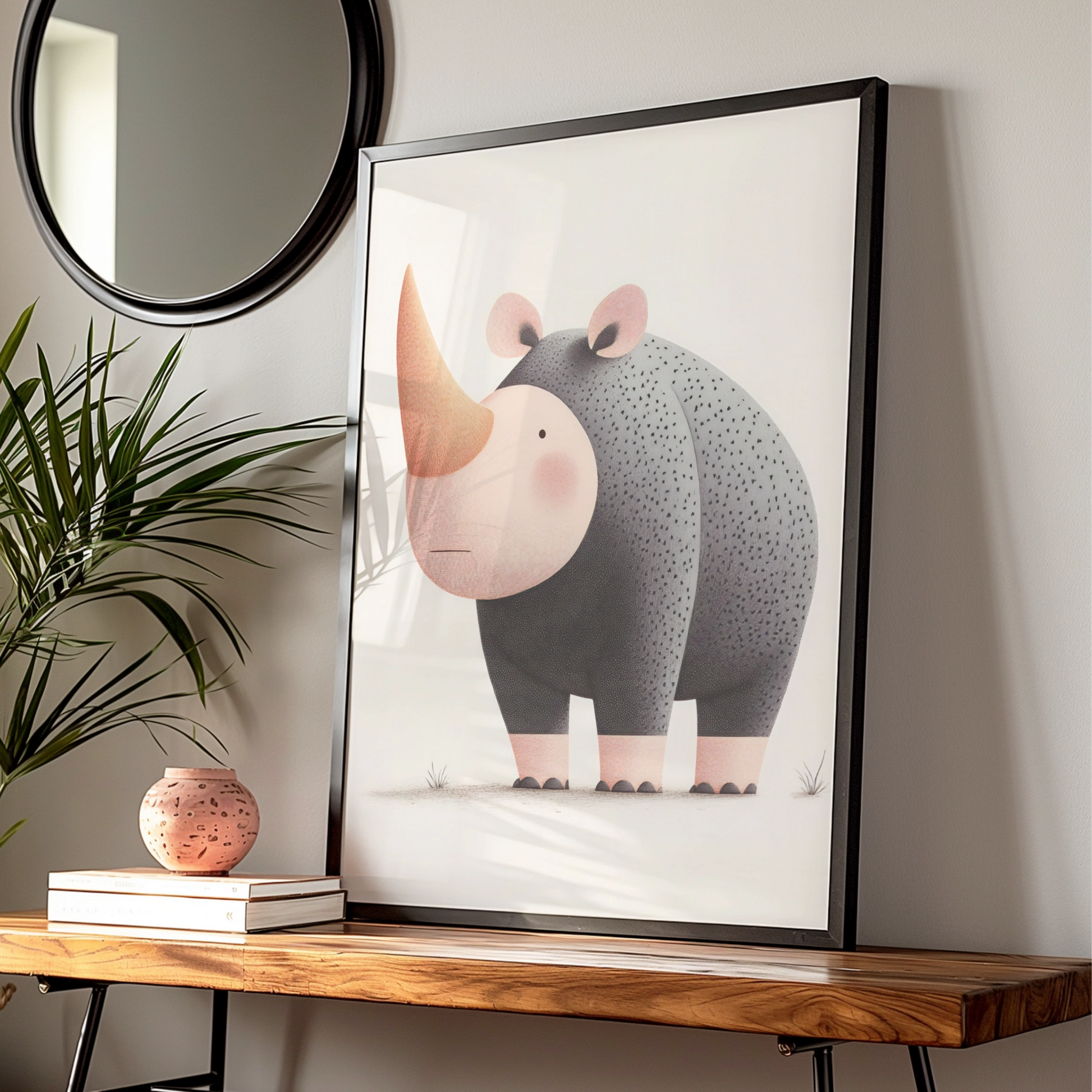 Cute Rhino Nursery Wall Art, Safari Animal Print, Kids Room Poster, Grey Pink Decor