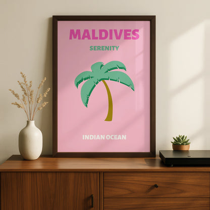 Maldives Travel Poster, Indian Ocean Wall Art, Retro Palm Tree Print, Pink Tropical Decor