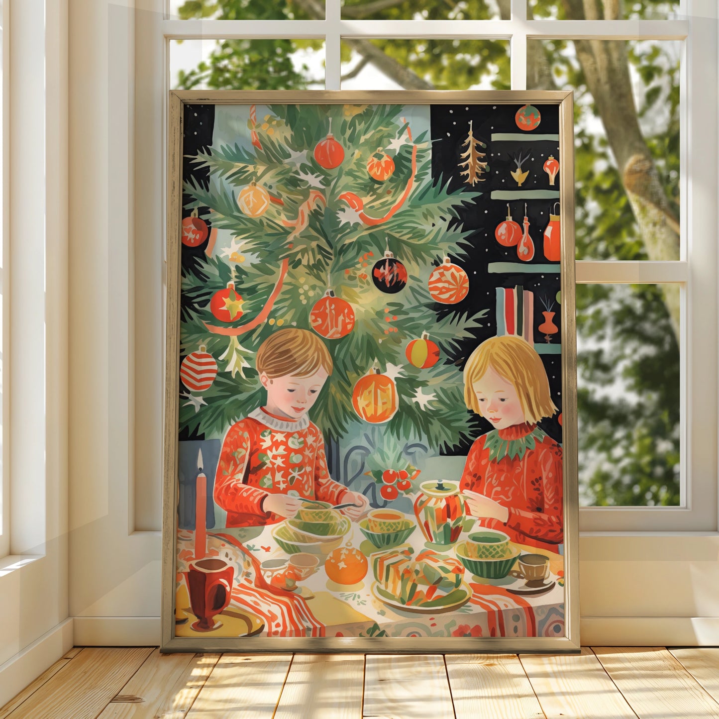 Christmas Dinner Poster, Festive Children Holiday Wall Art, Retro Xmas Tree Print, Kids Room Decor