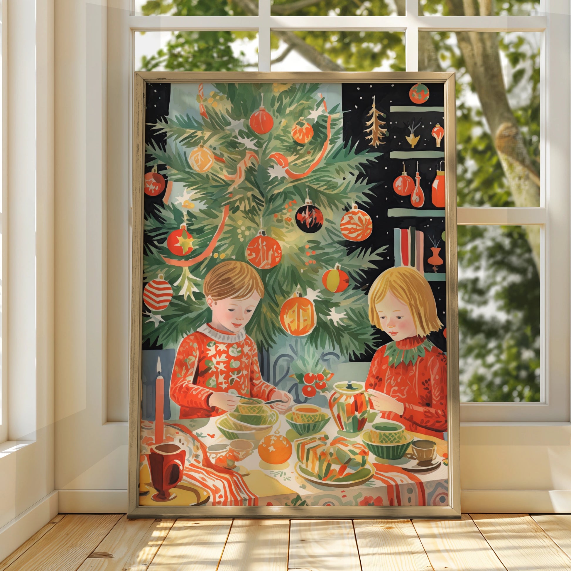 Christmas Dinner Poster, Festive Children Holiday Wall Art, Retro Xmas Tree Print, Kids Room Decor