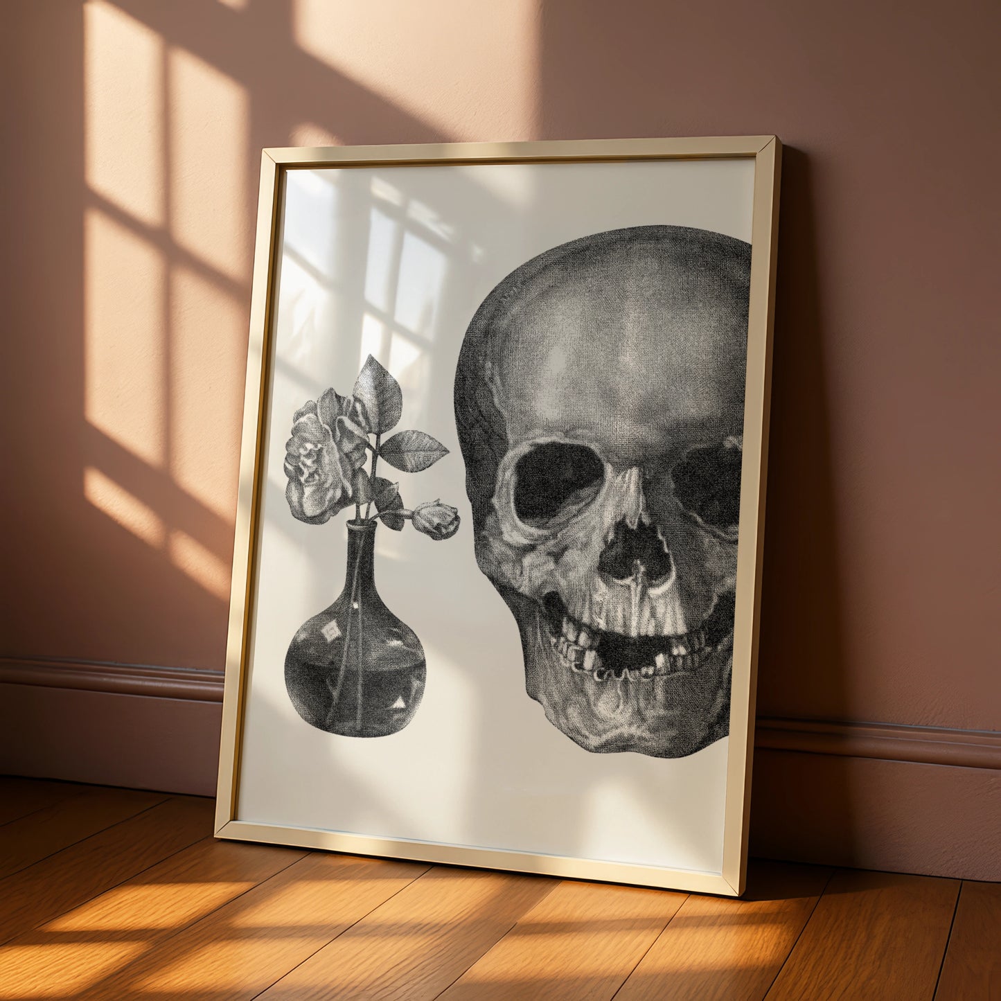 Skull and Rose Halloween Wall Art, Gothic Black White Vanitas Poster, Dark Floral Print