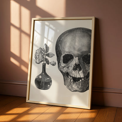 Skull and Rose Halloween Wall Art, Gothic Black White Vanitas Poster, Dark Floral Print