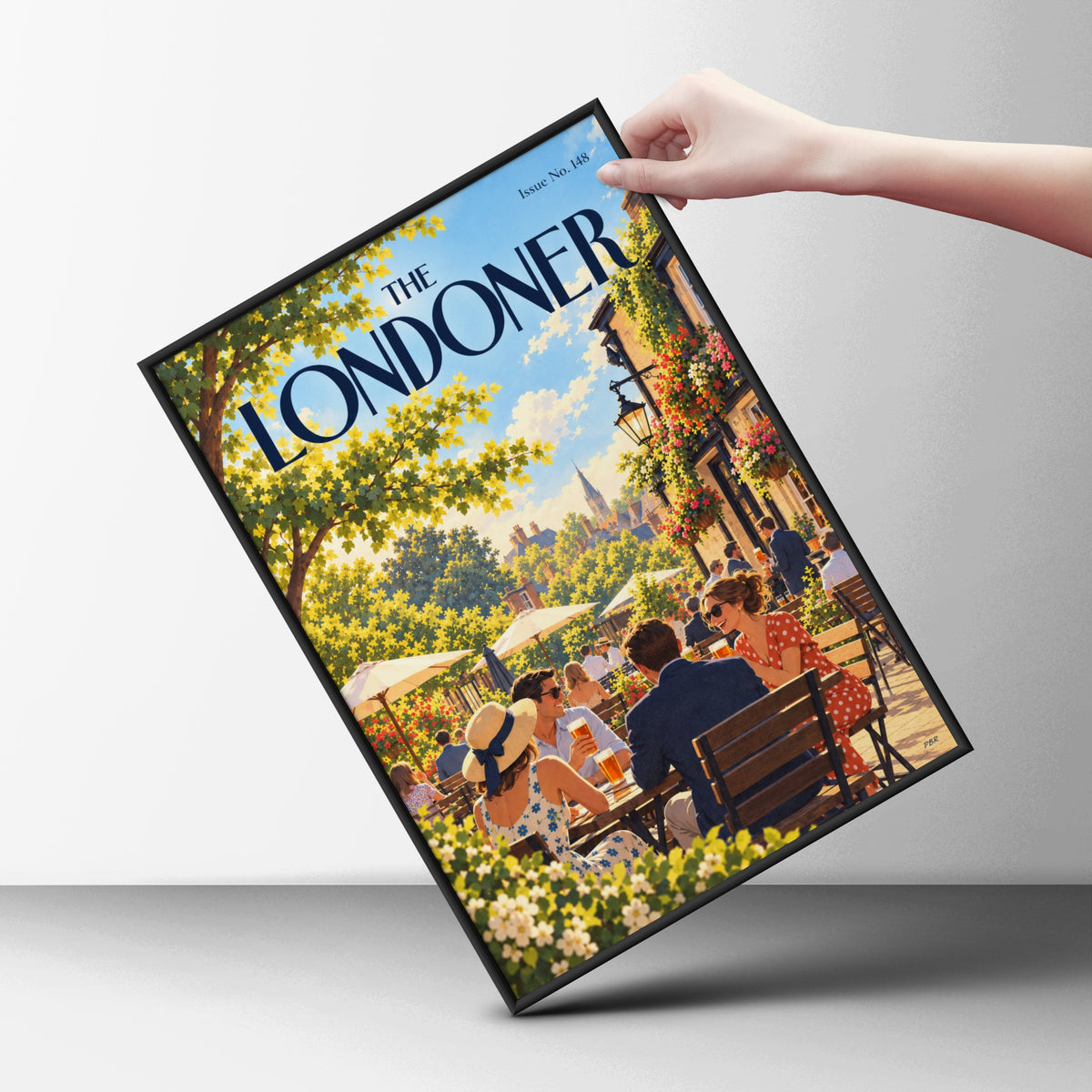 London Pub Garden Poster, Summer Beer Garden Wall Art, Vintage Magazine Cover Style Illustration