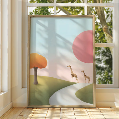 Giraffe Nursery Wall Art, Safari Animal Print, Pastel Kids Room Poster, Baby Girl Decor