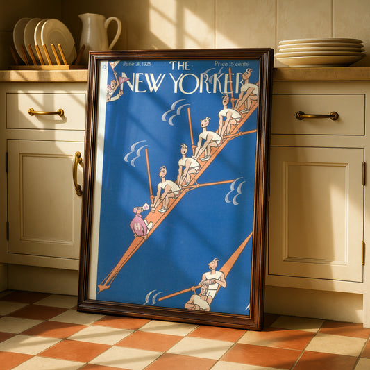 The New Yorker 1926 Rowing Cover Poster, Vintage Art Deco Blue Wall Art Print