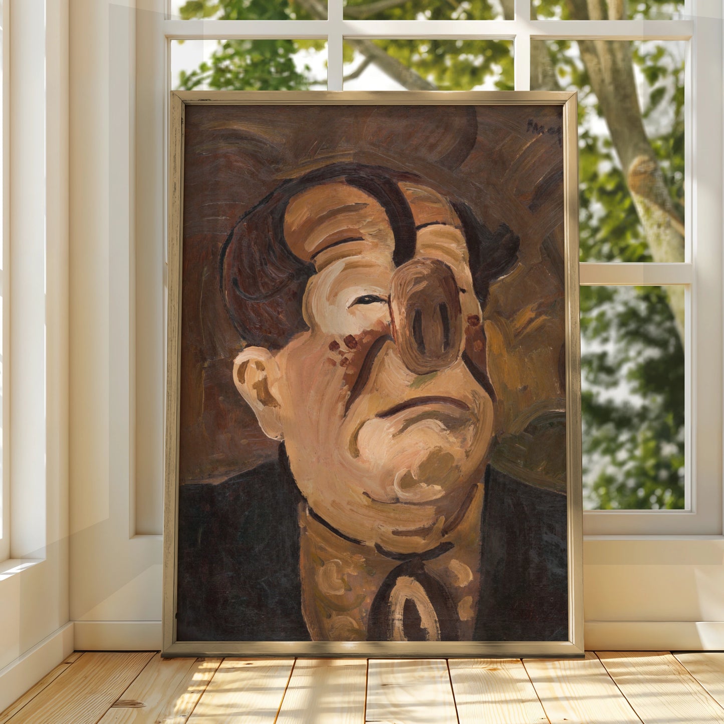 Halloween Cubist Face Poster, Surreal Distorted Portrait Wall Art, Spooky Dark Brown Gallery Print