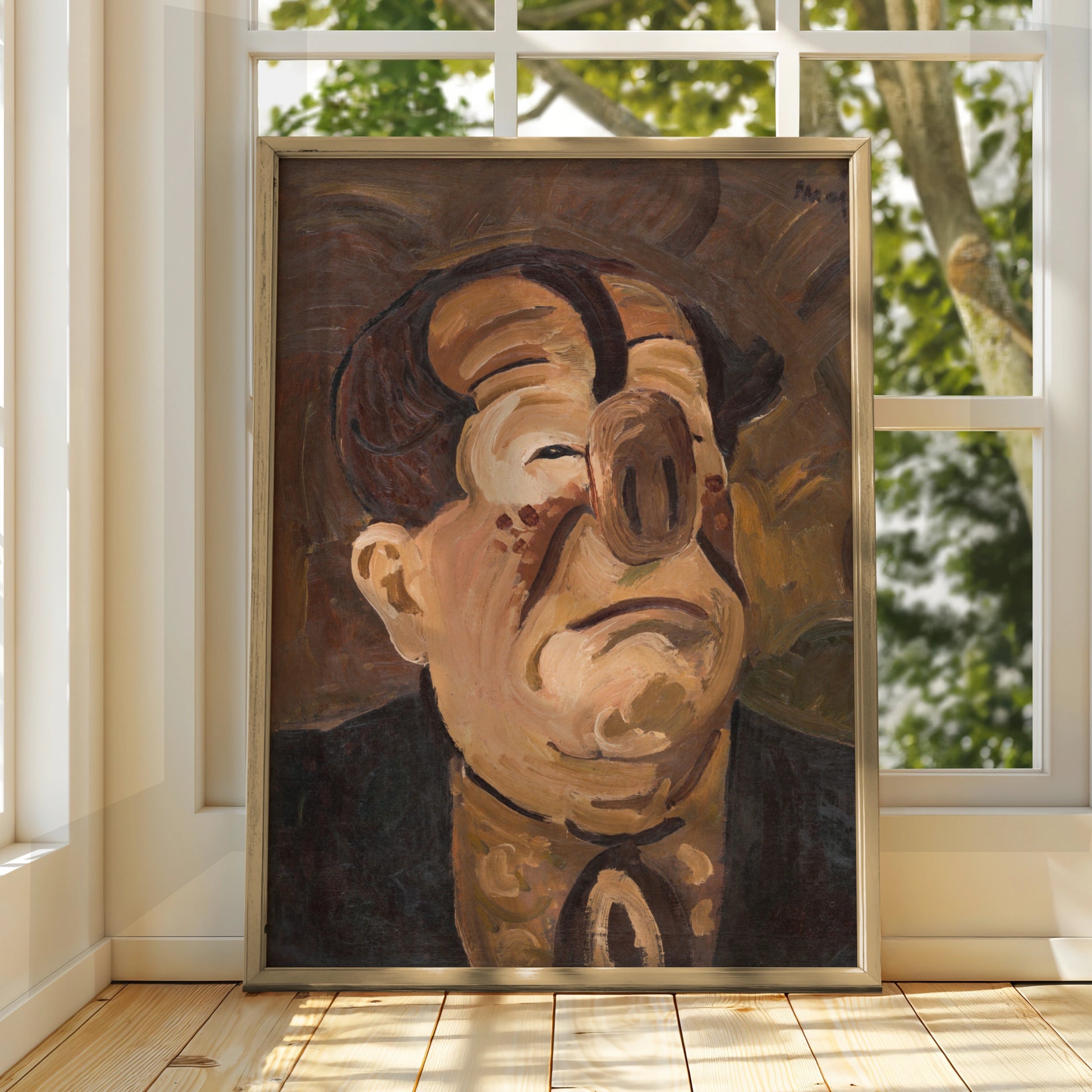 Halloween Cubist Face Poster, Surreal Distorted Portrait Wall Art, Spooky Dark Brown Gallery Print