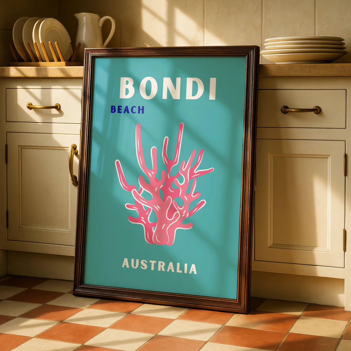 Bondi Beach Australia Travel Poster, Retro Coastal Wall Art, Teal Coral Print