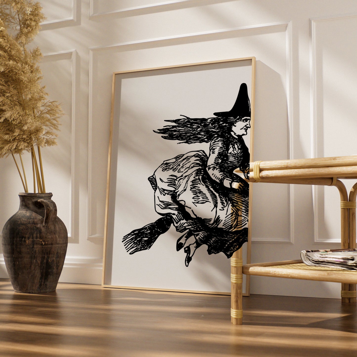 Halloween Witch on Broomstick Poster, Black White Vintage Witch Art Print, Spooky Wall Art