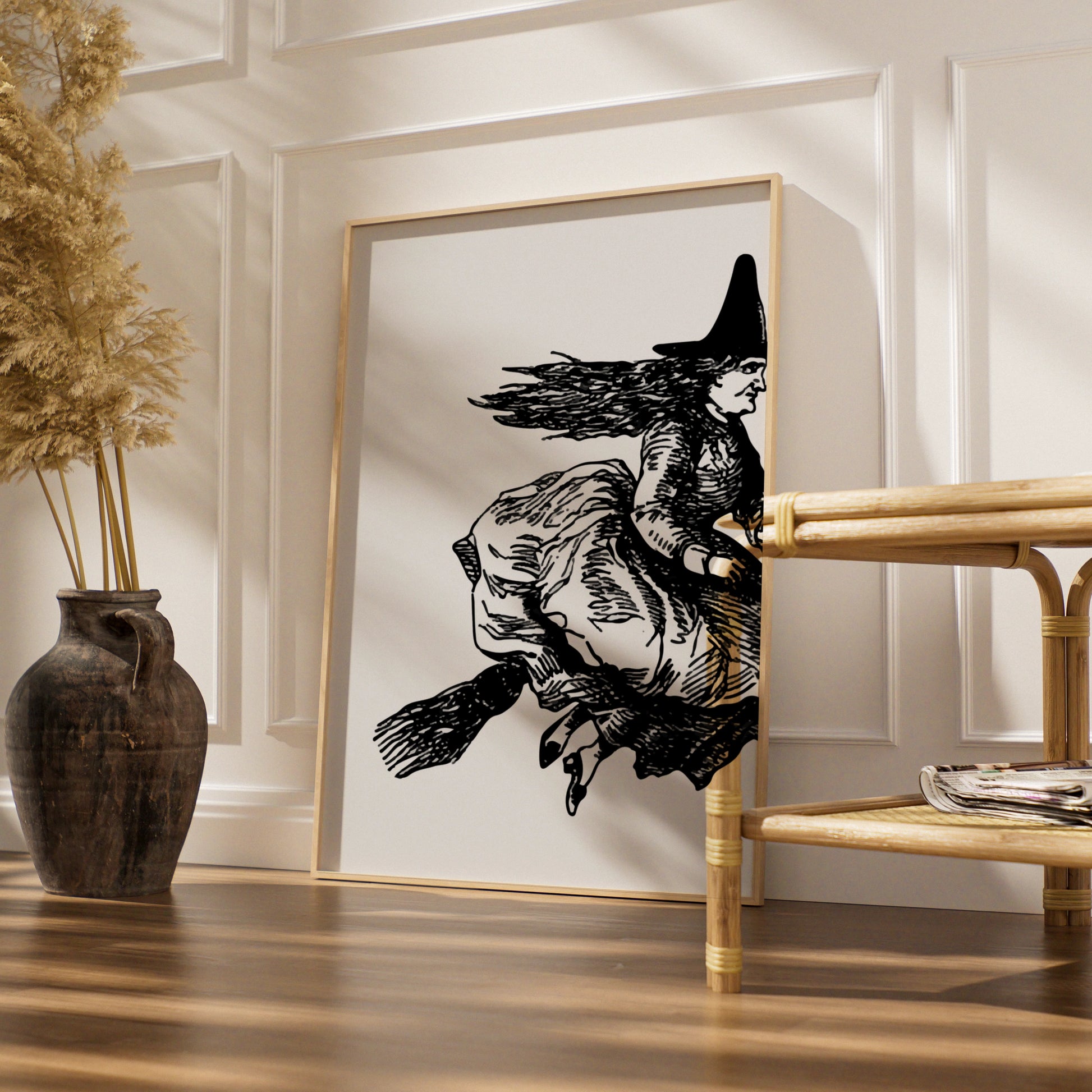 Halloween Witch on Broomstick Poster, Black White Vintage Witch Art Print, Spooky Wall Art