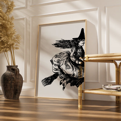 Halloween Witch on Broomstick Poster, Black White Vintage Witch Art Print, Spooky Wall Art