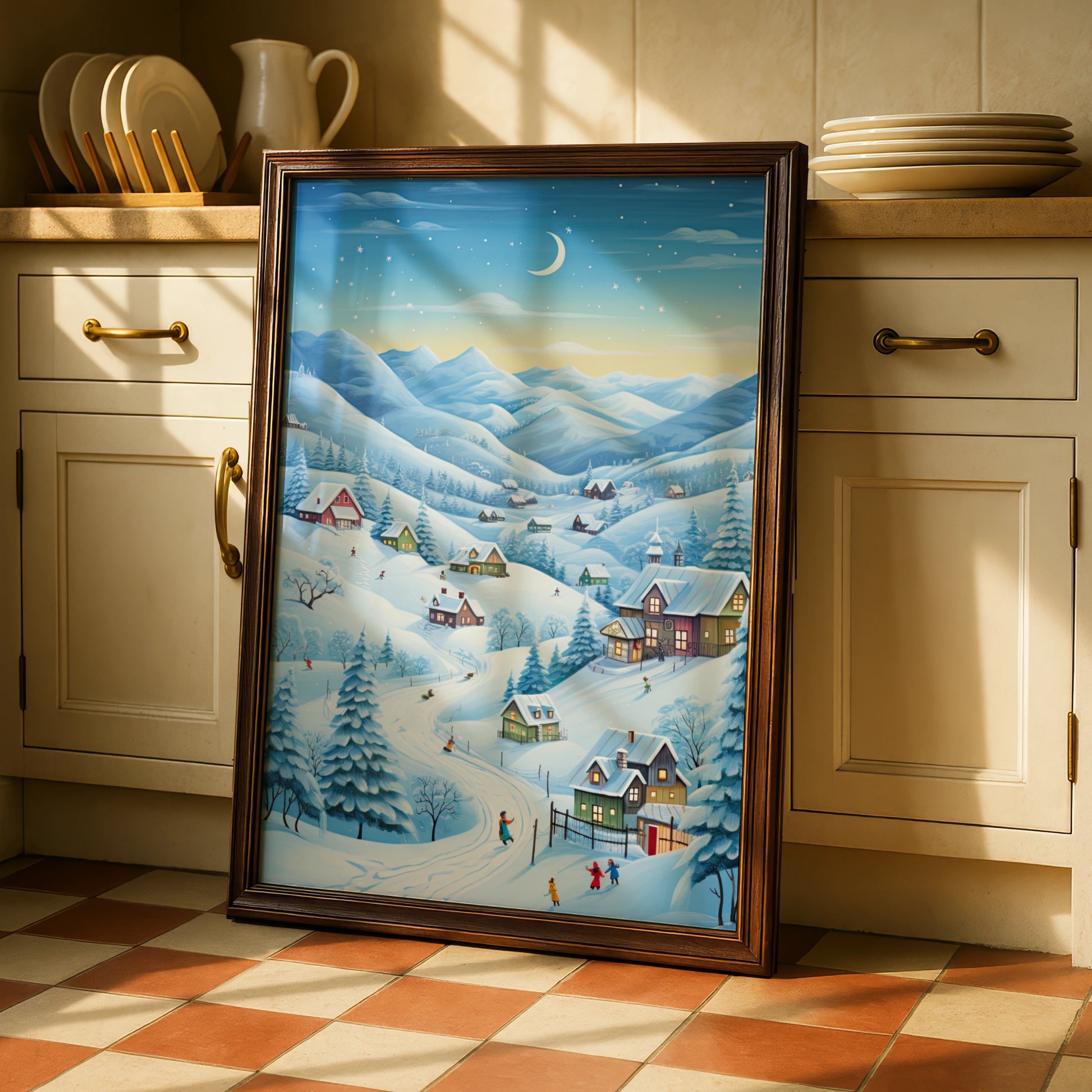 Christmas Village Winter Scene Poster, Snowy Landscape Wall Art, Festive Holiday Print