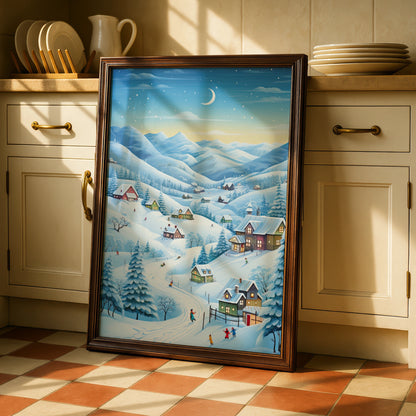 Christmas Village Winter Scene Poster, Snowy Landscape Wall Art, Festive Holiday Print