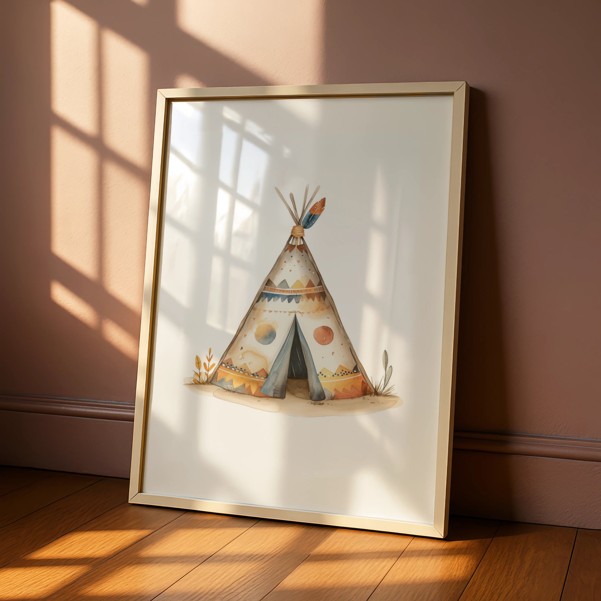 Boho Teepee Nursery Wall Art, Tribal Tipi Poster, Baby Boy Room Decor, Watercolour Print