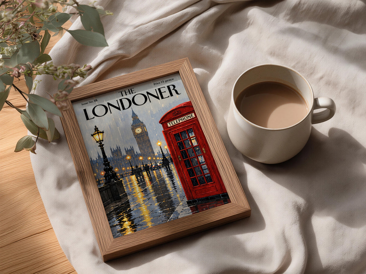 London Rainy Night Poster, Big Ben Red Telephone Box Wall Art, Vintage Magazine Cover Art Print