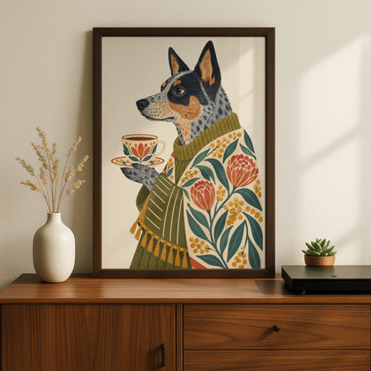 Australian Cattle Dog Art Print, Blue Heeler with Tea Cup, Floral Folk Wall Art