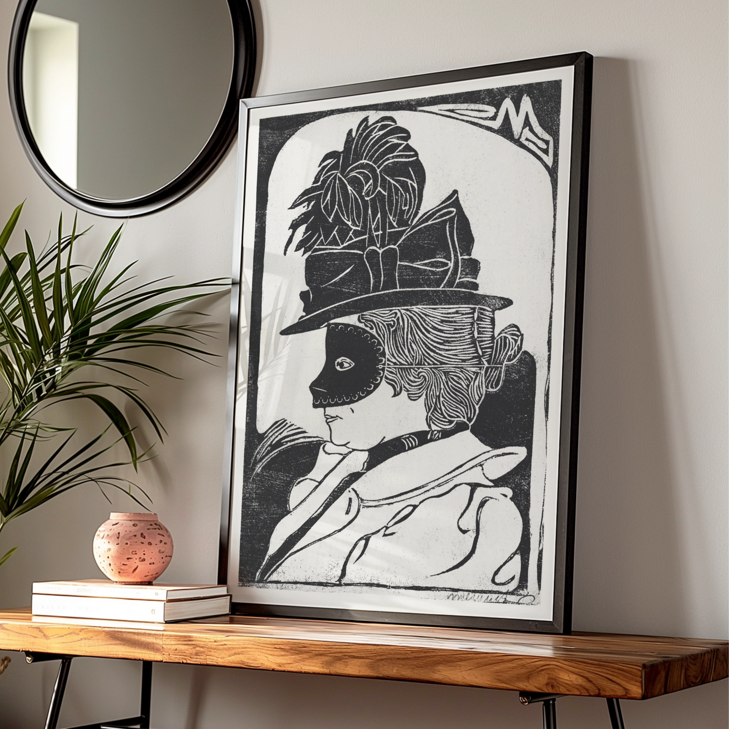 Halloween Masquerade Mask Poster, Black White Woodcut Wall Art, Vintage Witch Print