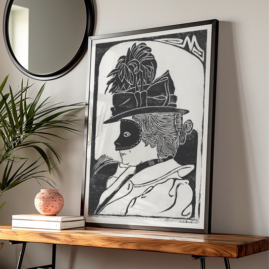 Halloween Masquerade Mask Poster, Black White Woodcut Wall Art, Vintage Witch Print