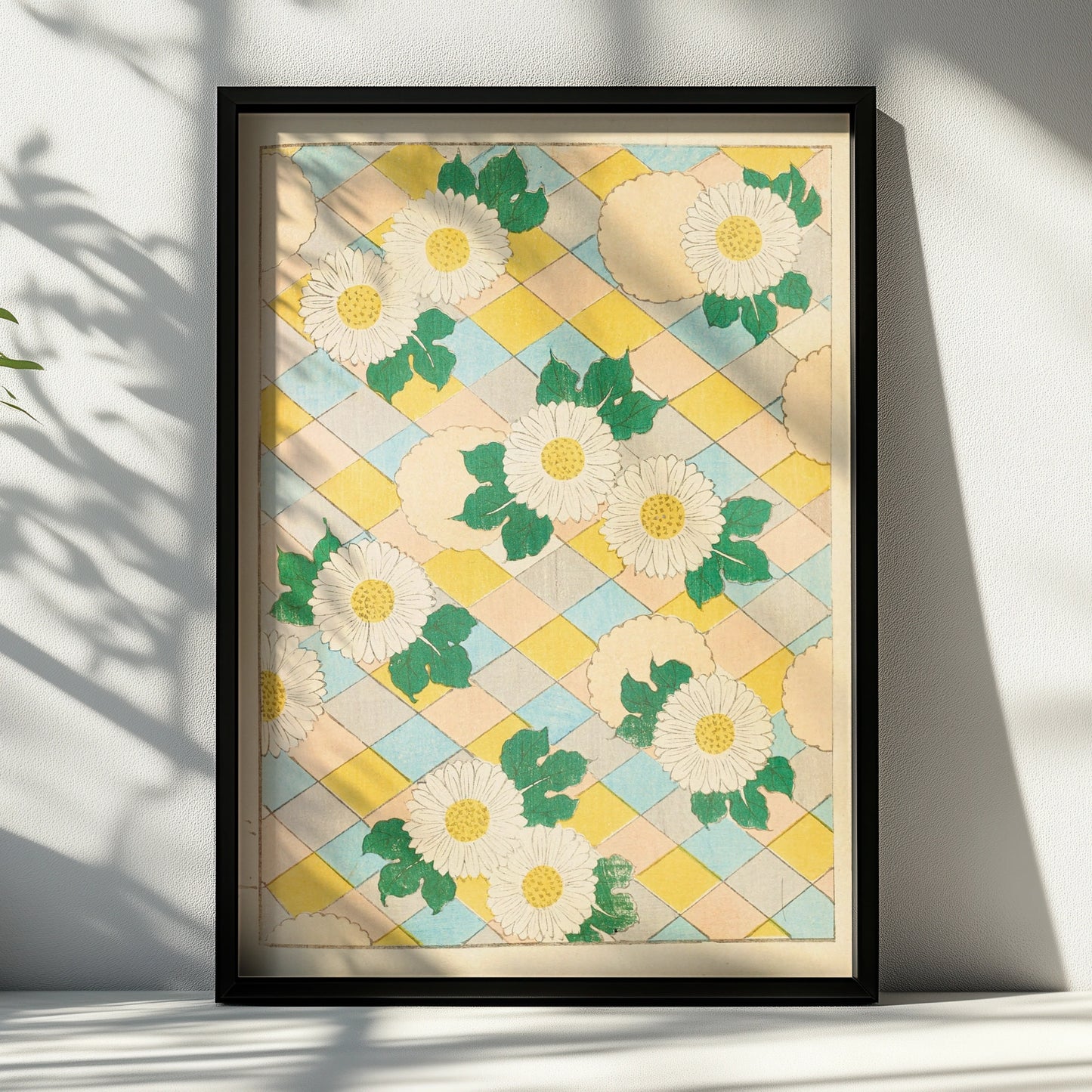 Japanese Botanical Print, Vintage Daisy Woodblock Wall Art, Floral Japandi Poster, 1901 – A4 Black frame