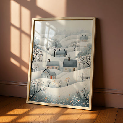 Christmas Winter Village Poster, Snowy Scandinavian Landscape, Festive Wall Art Print
