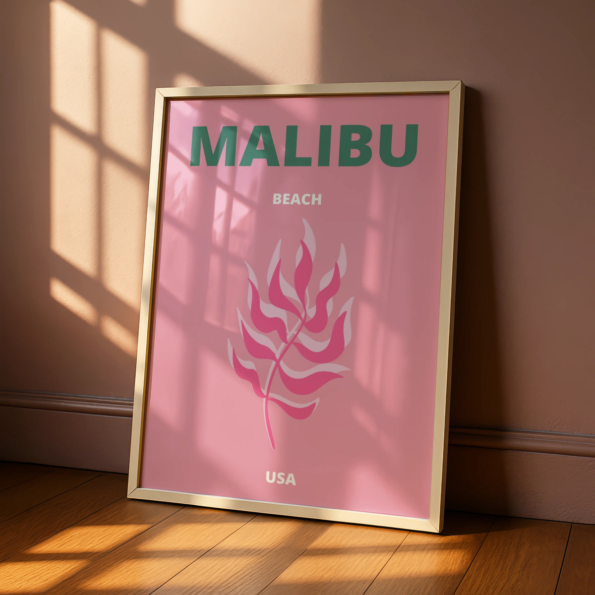Malibu Beach Travel Poster, California USA Wall Art, Pink Retro Coastal Print