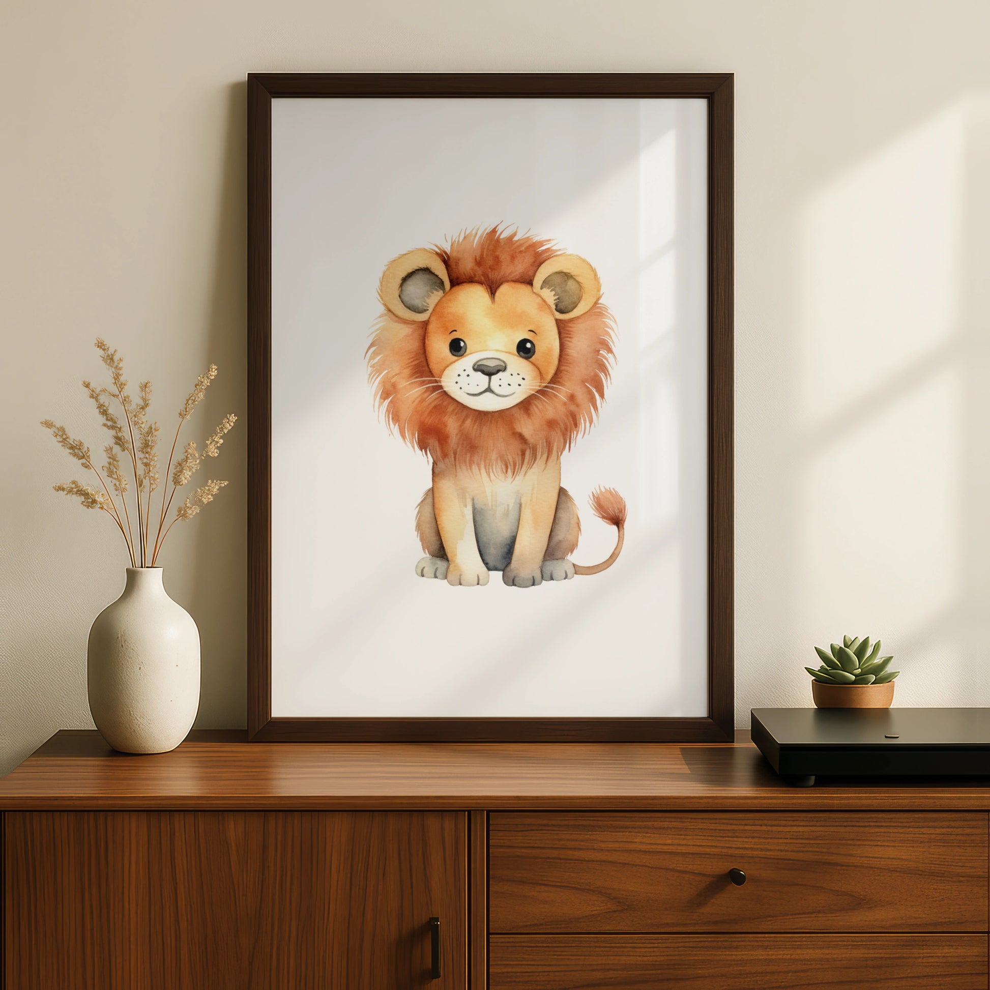 Cute Lion Nursery Wall Art, Watercolour Safari Animal Print, Kids Room Poster