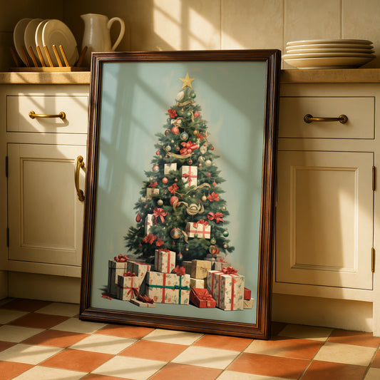 Christmas Tree Poster, Festive Gifts Wall Art, Vintage Style Xmas Print, Holiday Home Decor