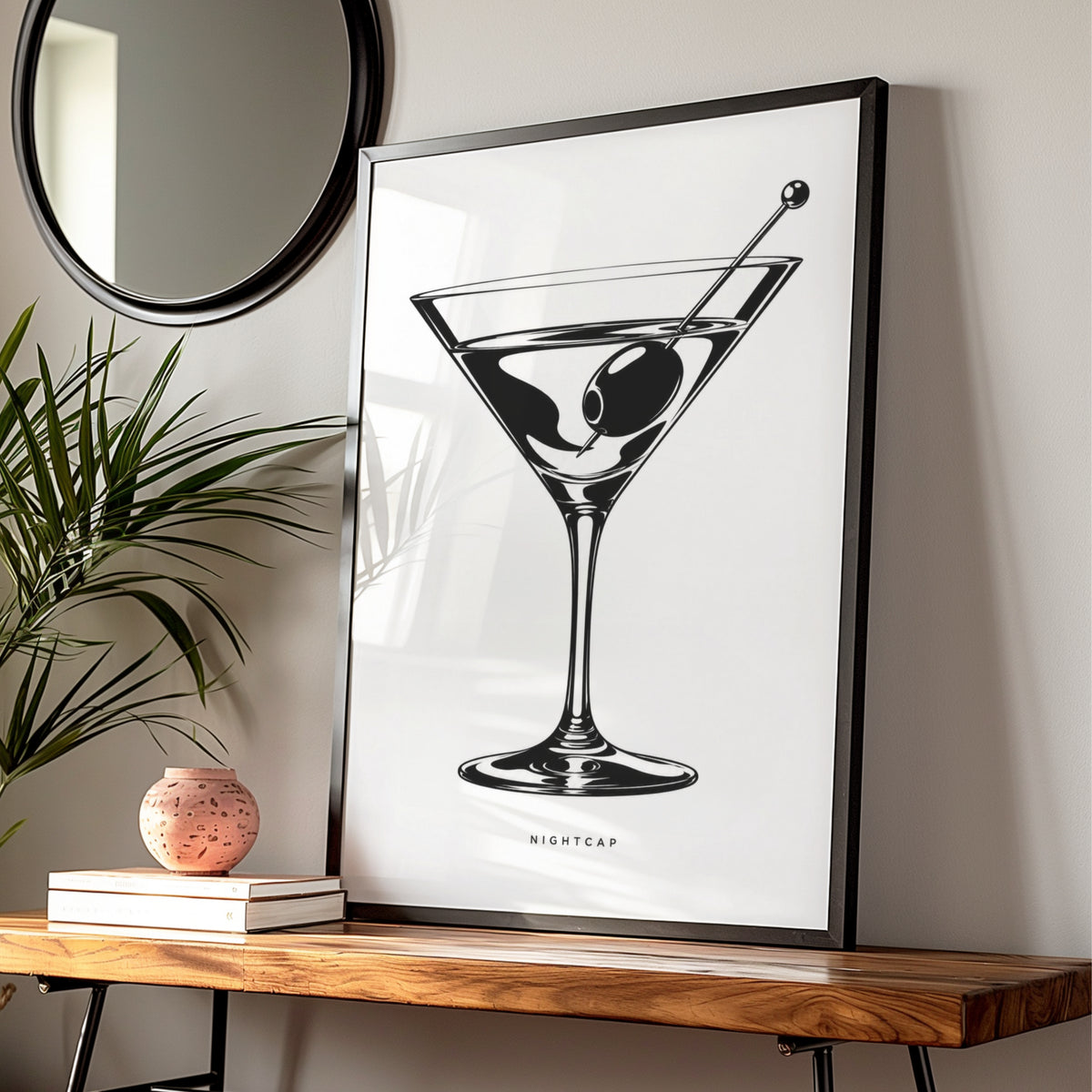 Martini Glass Print, Nightcap Cocktail Poster, Monochrome Wall Art, Black and White Bar Decor