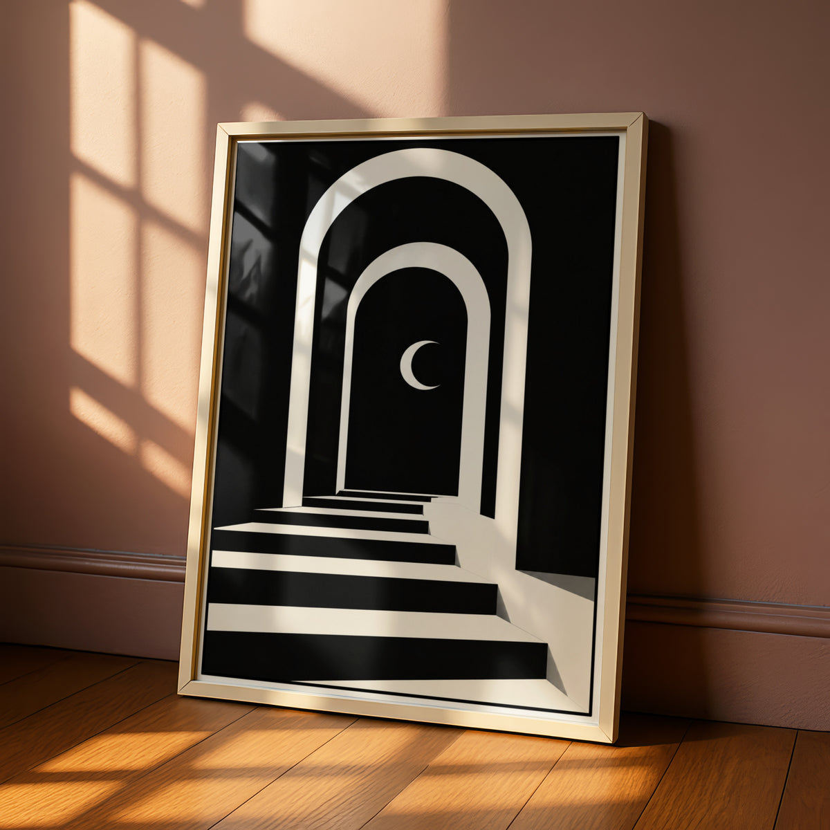 Arch Stairway Crescent Moon Print, Monochrome Wall Art, Minimalist Black White Poster