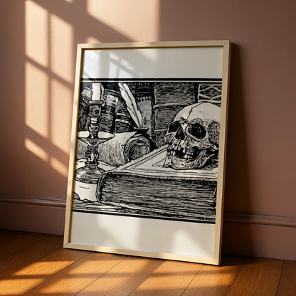 Halloween Skull Vanitas Poster, Gothic Black White Wall Art, Spooky Dark Academia Print