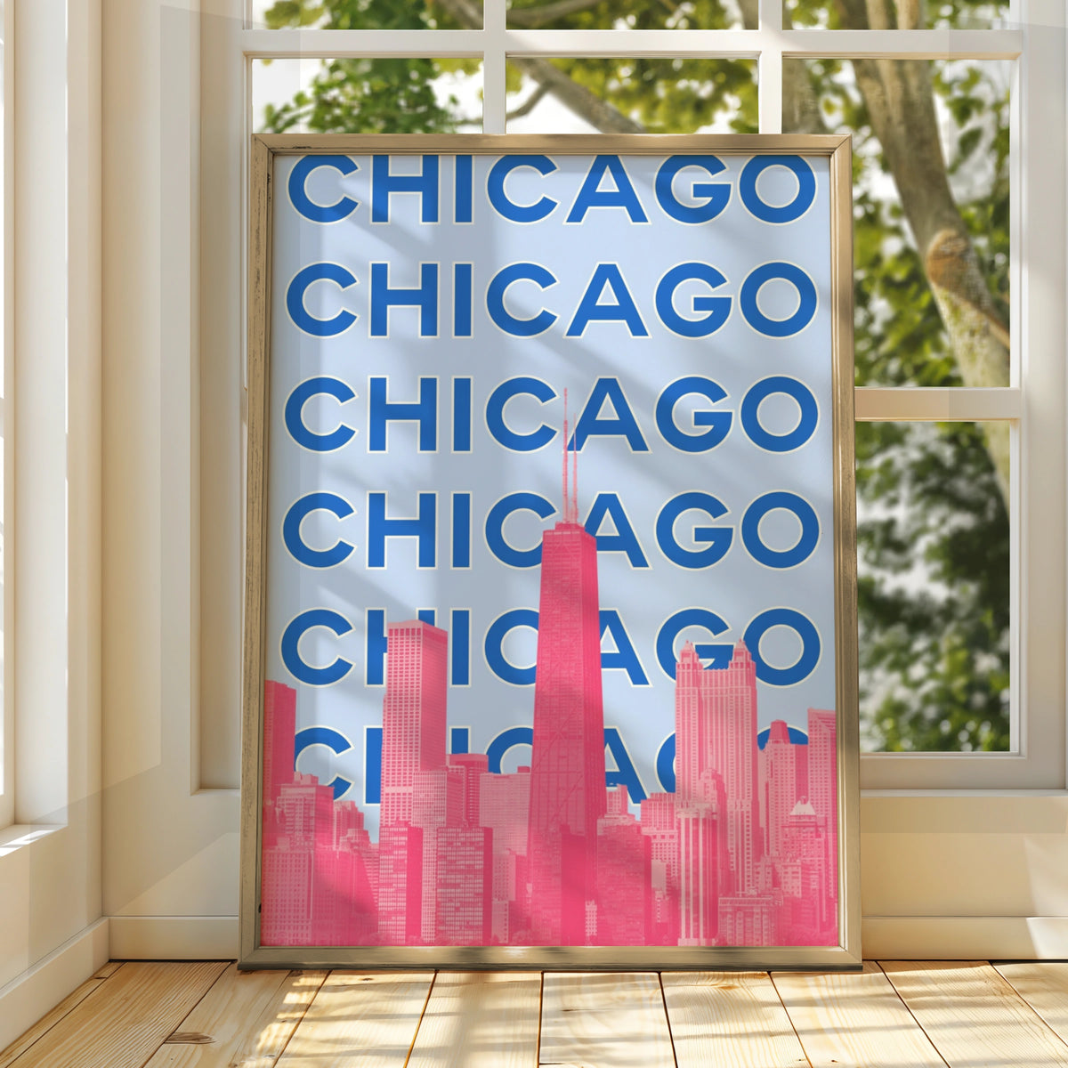 Chicago Travel Poster, Retro City Wall Art, USA Skyline Print, Blue Pink Illinois Decor