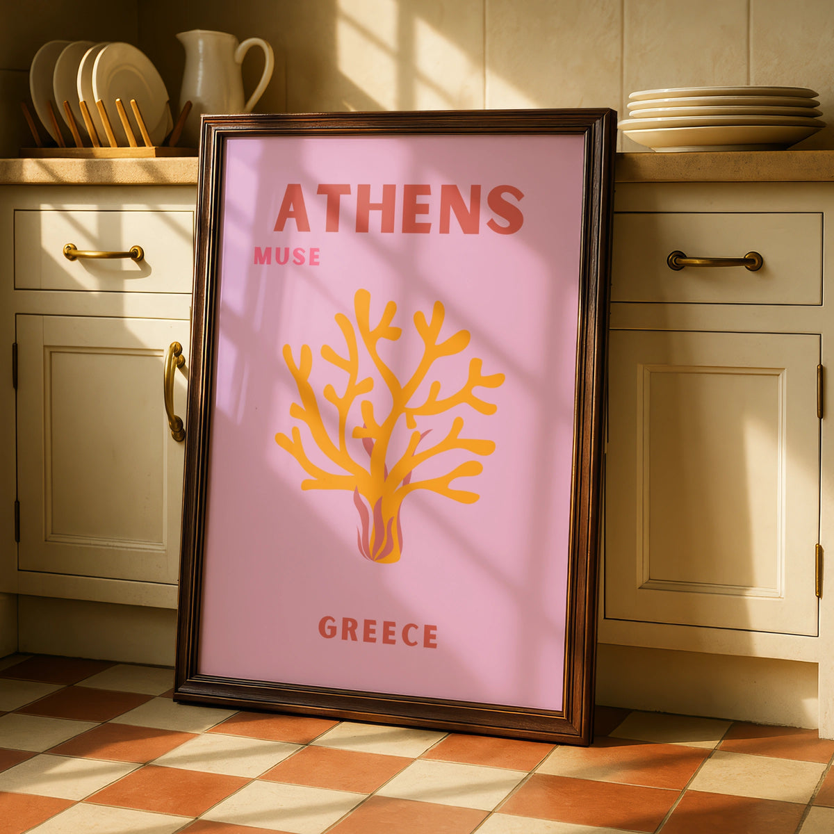 Athens Greece Travel Poster, Retro Wall Art, Pink Greek Print, Coral Botanical Decor