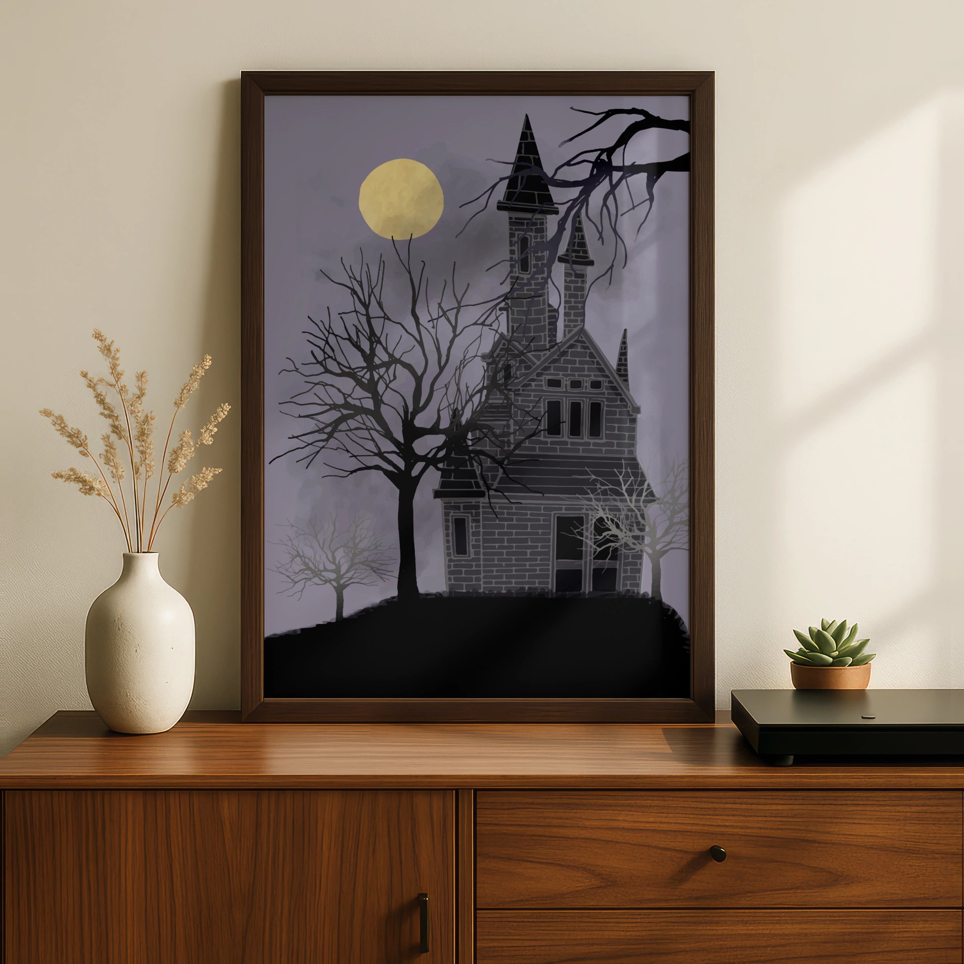 Haunted House Halloween Art Print, Spooky Full Moon Poster, Dark Gothic Wall Art