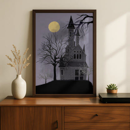 Haunted House Halloween Art Print, Spooky Full Moon Poster, Dark Gothic Wall Art