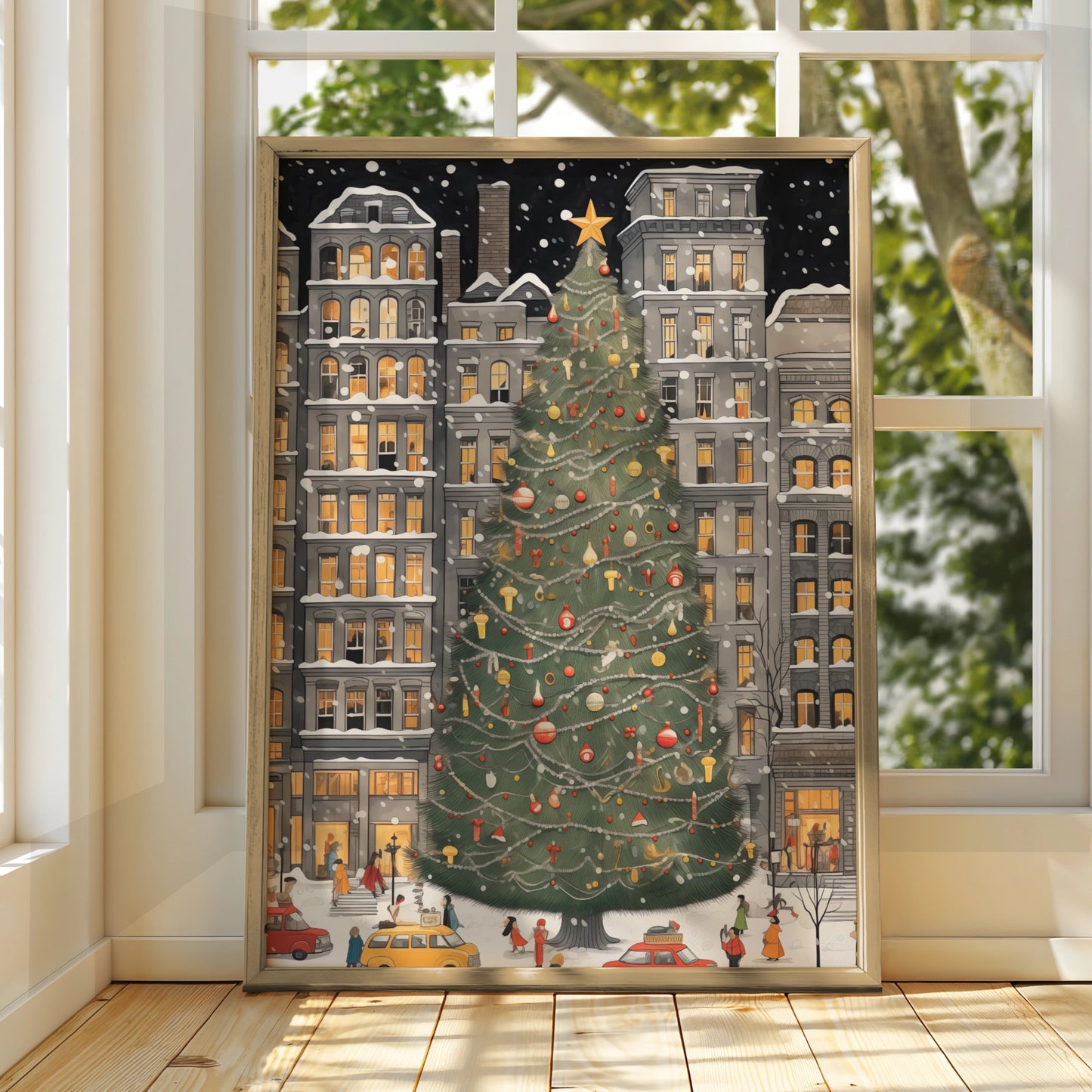 Christmas Tree City Poster, Festive Winter Snow Scene, Holiday Wall Art Print