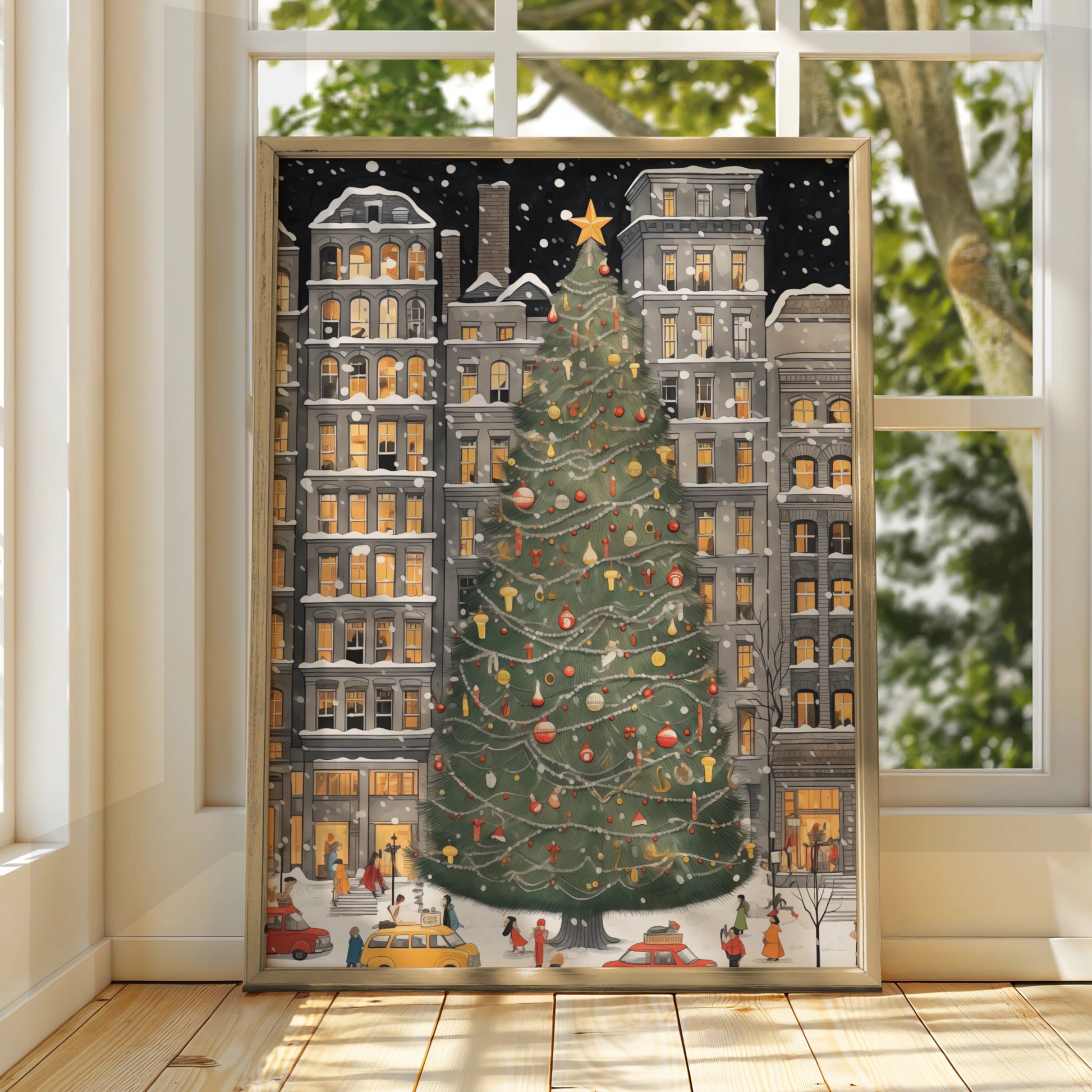 Christmas Tree City Poster, Festive Winter Snow Scene, Holiday Wall Art Print