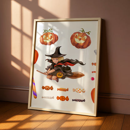 Halloween Wall Art Poster, Witch Pumpkin Ghost Black Cat, Trick or Treat Print