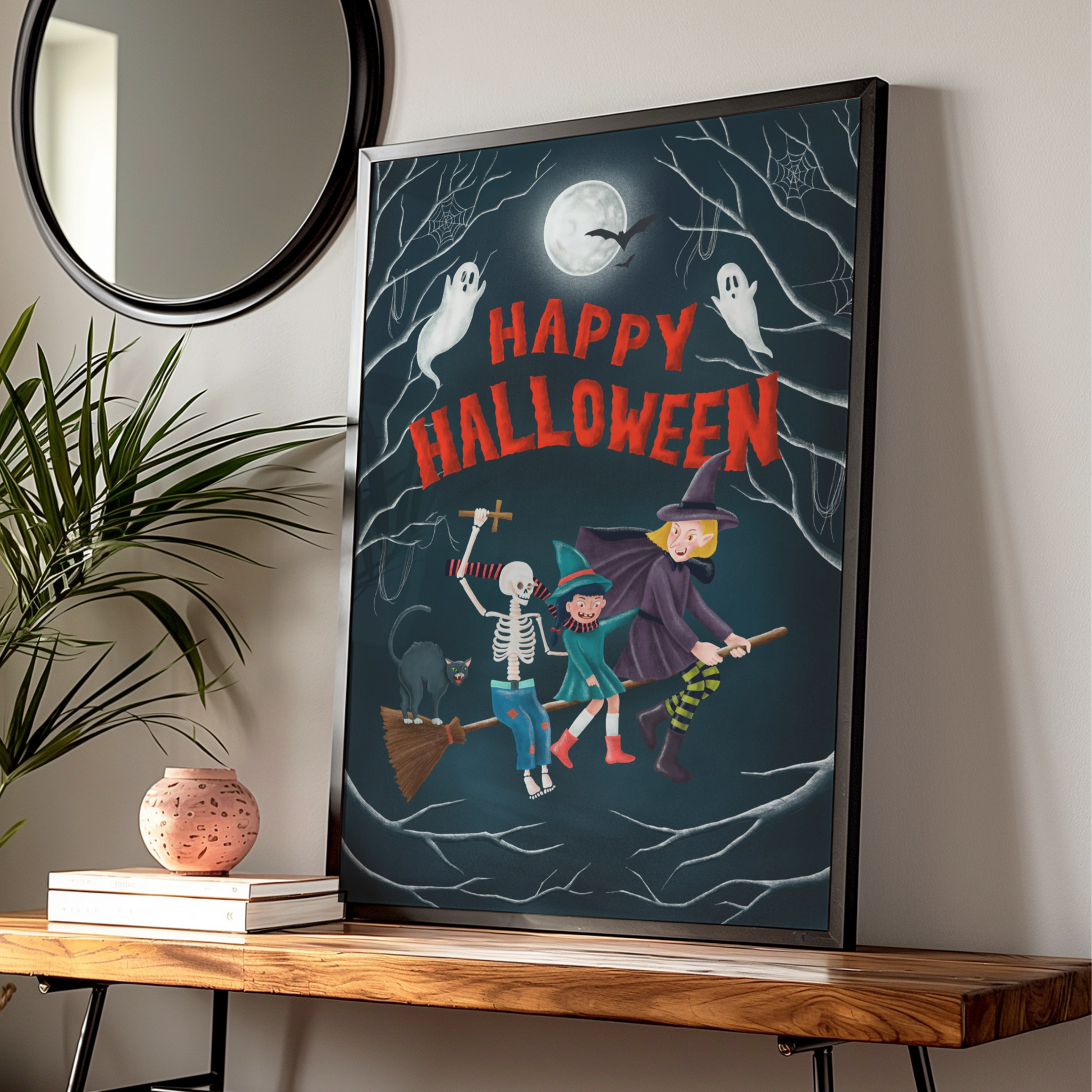 Happy Halloween Poster, Witch Skeleton Ghost Wall Art, Spooky Fun Halloween Print