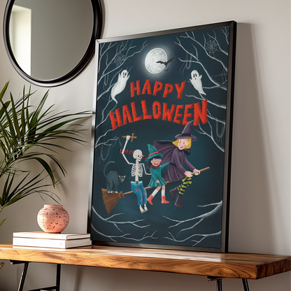 Happy Halloween Poster, Witch Skeleton Ghost Wall Art, Spooky Fun Halloween Print