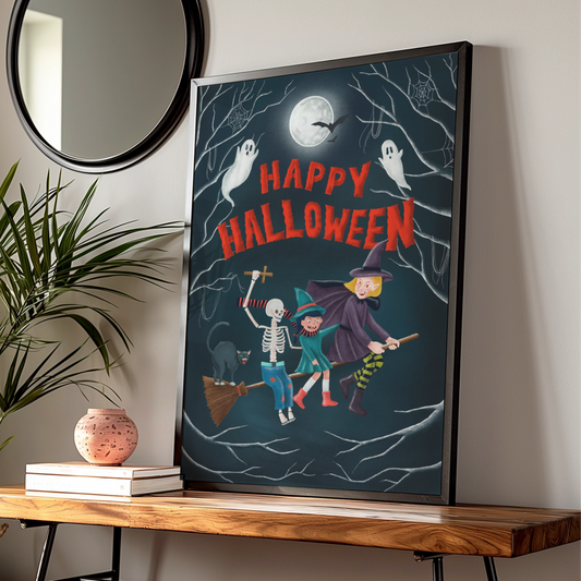 Happy Halloween Poster, Witch Skeleton Ghost Wall Art, Spooky Fun Halloween Print