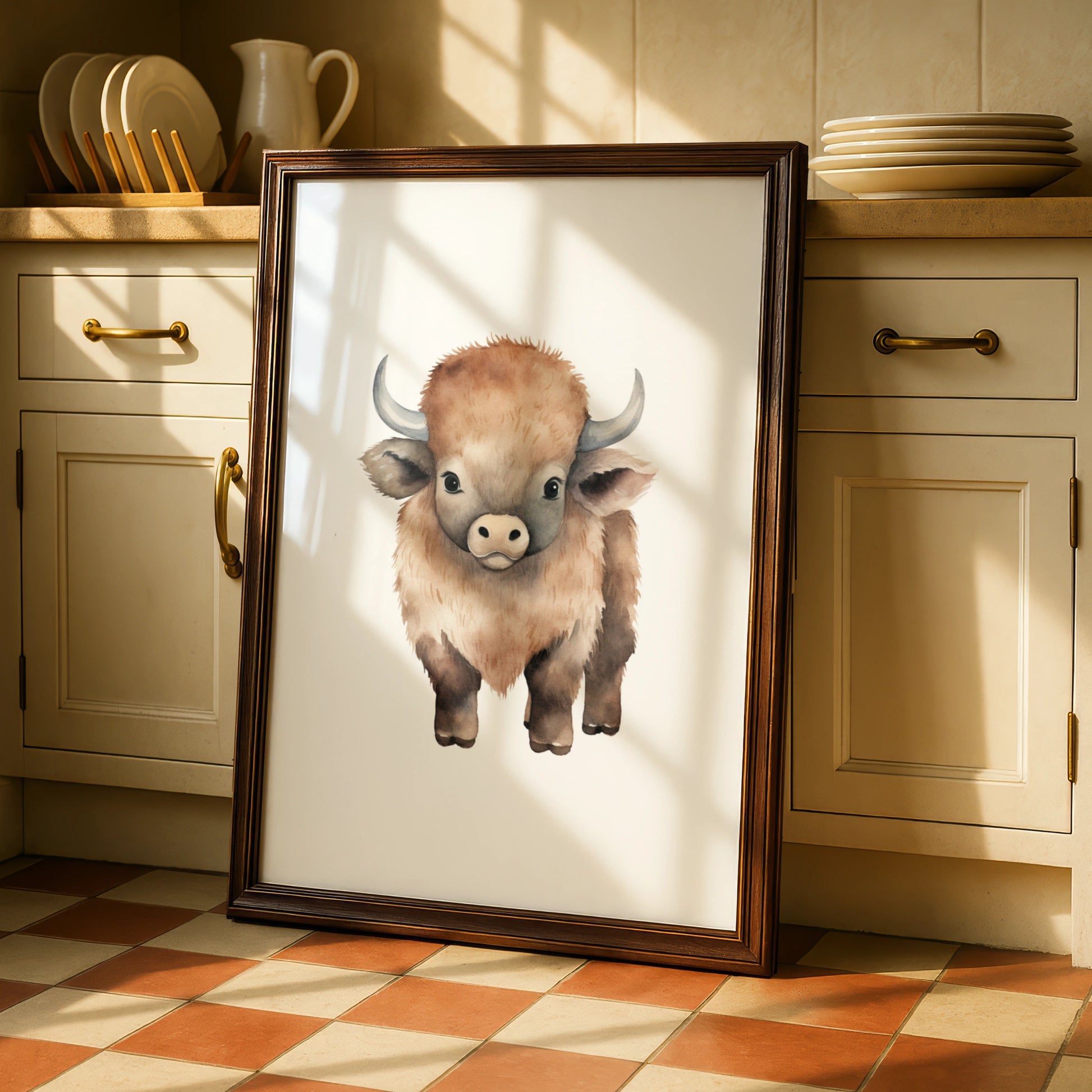 Baby Bison Nursery Wall Art, Watercolour Buffalo Print, Kids Room Animal Poster