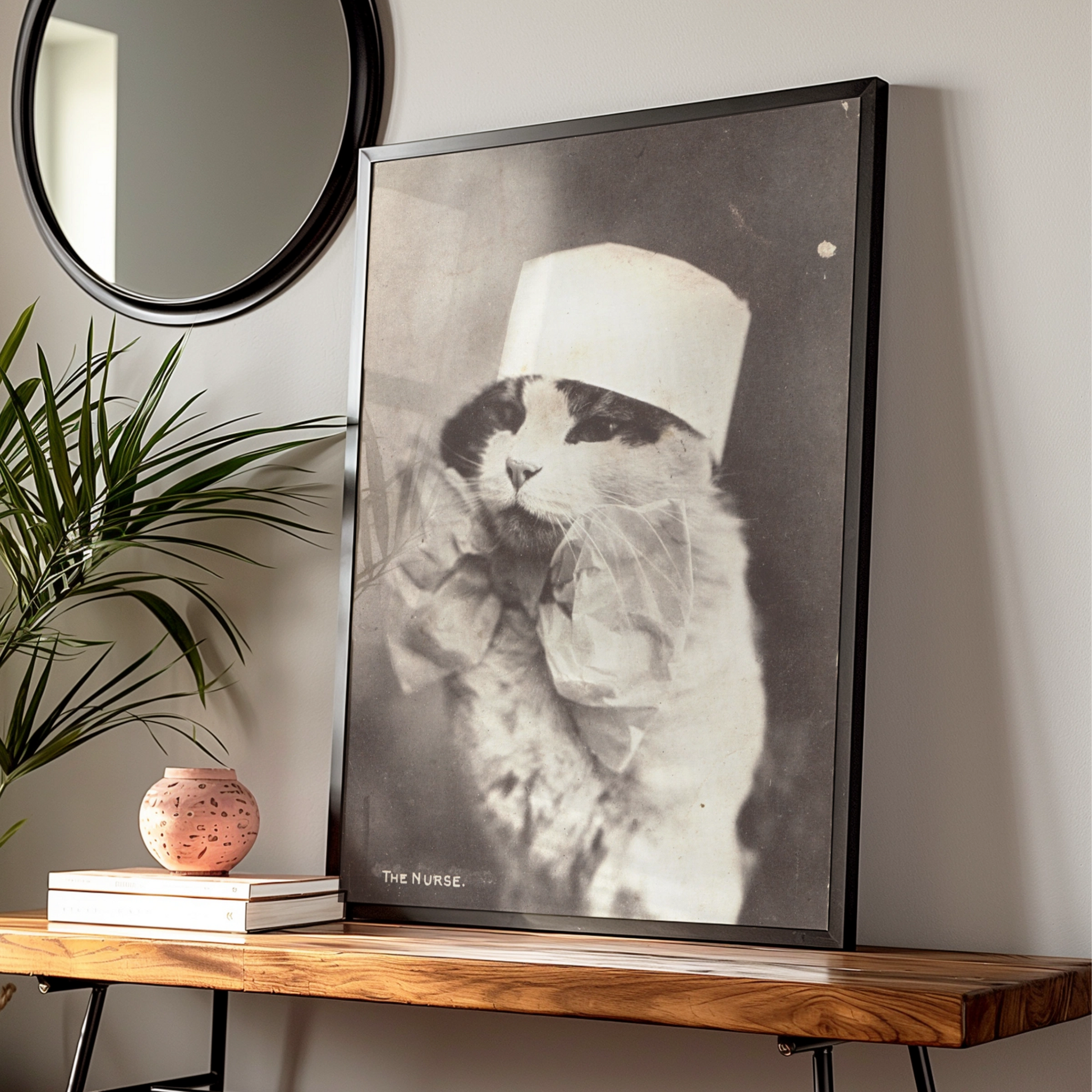 Halloween Cat Nurse Poster, Vintage Sepia Victorian Animal Wall Art Print