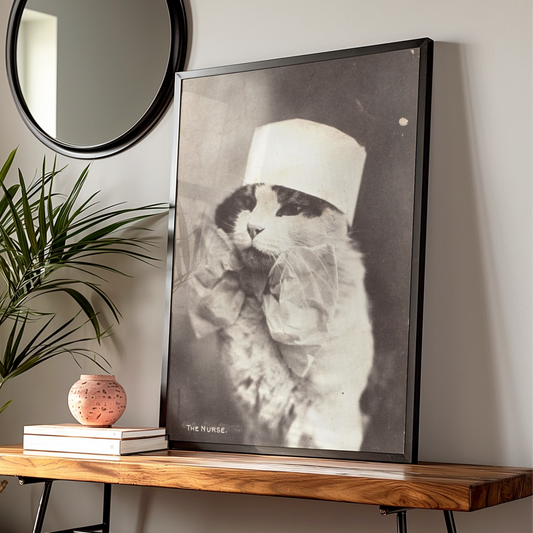 Halloween Cat Nurse Poster, Vintage Sepia Victorian Animal Wall Art Print