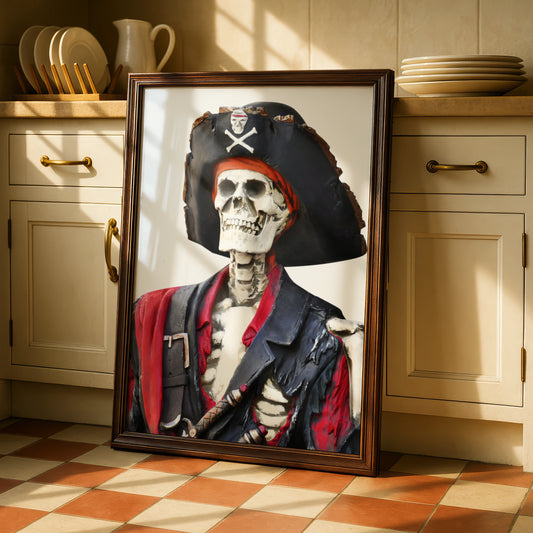 Skeleton Pirate Halloween Art Print, Skull Crossbones Poster, Spooky Wall Art