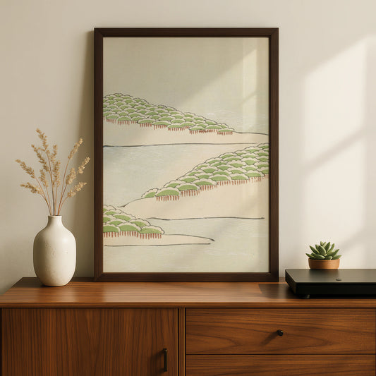 Vintage Japanese Woodblock Print, Bijutsukai 1901, Japandi Wall Art, Minimalist Pine Coast Poster – A5 Black frame